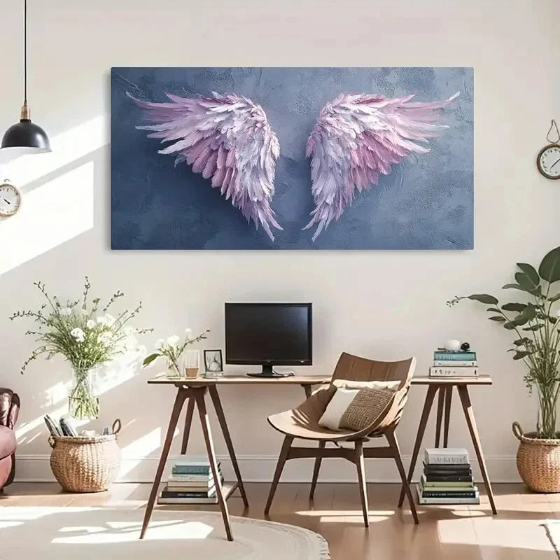 Wings Design - Pink & White Wall Art Canvas Office Home Room Framed 80x45cm