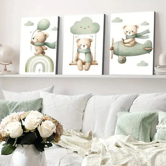 3pcs Modern Wooden Airplane Rainbow Bear Balloon Wall Art Set Canvas Framed 40x60cm - High Quality Print 100% Australian Made Wall Canvas Ready to Hang
