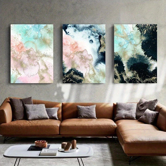 3pcs Abstract Marble Golden Pink White Metal Print Ready to Hang Art