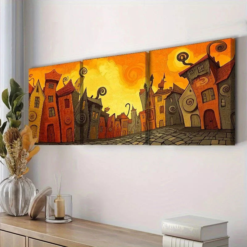 3pcss Buildings in The City Strange Background Wall Art Set Canvas Framed 40x60cm - High Quality Print 100% Australian Made Wall Canvas Ready to Hang