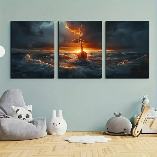 3pcs Violin Sea Storm Sunset Clouds Metal Print Ready to Hang Art