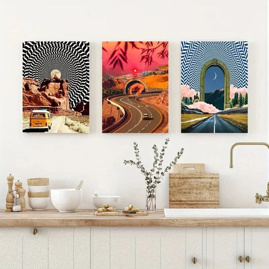 3pcs Modern Surreal Vehicle Road Trip Deco Wall Art Set Canvas Framed 40x60cm - High Quality Print 100% Australian Made Wall Canvas Ready to Hang