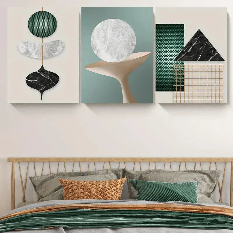 3pcs Abstract Geometric Green Black Metal Print Ready to Hang Art