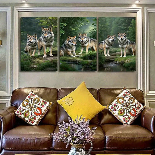 3pcs Wolf Pack in Forest Nature Themed Wildlife Metal Print Ready to Hang Art