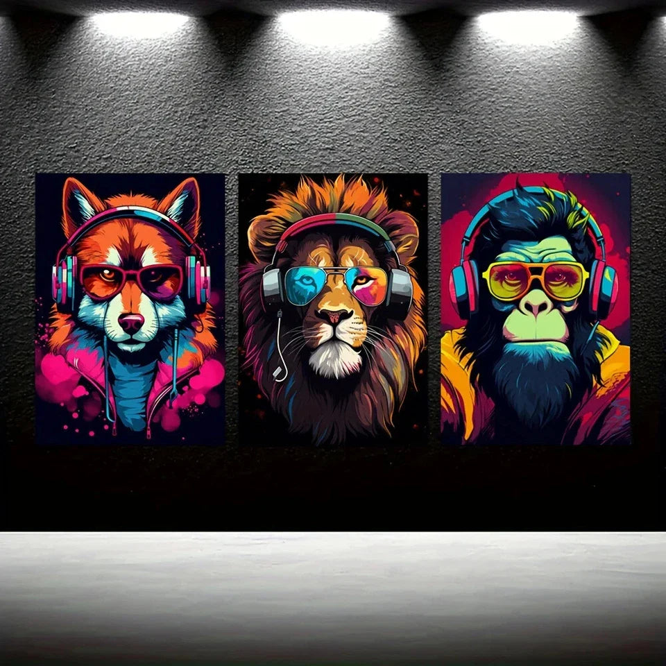 3pcs Gaming Theme with Tiger, Wolf Chimpanzee Metal Print Ready to Hang Art