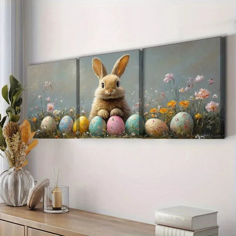 3pcs Adorable Easter Bunny with Eggs Wall Art Set Canvas Framed 40x60cm - High Quality Print 100% Australian Made Wall Canvas Ready to Hang