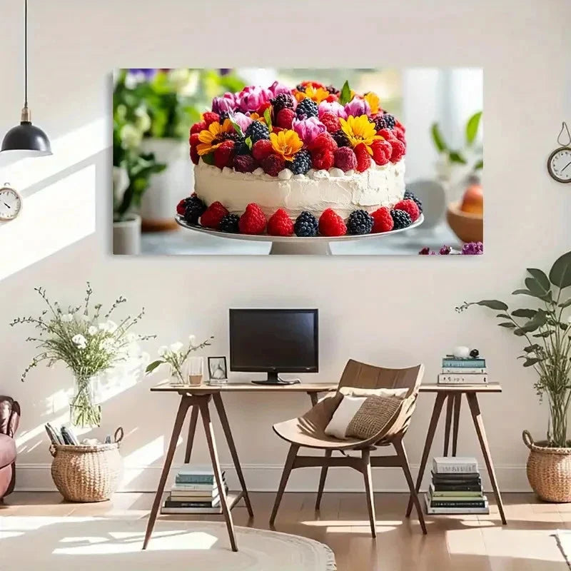 Flowers Berries Cake Dessert Wall Art Canvas Office Home Room Framed 120x60cm