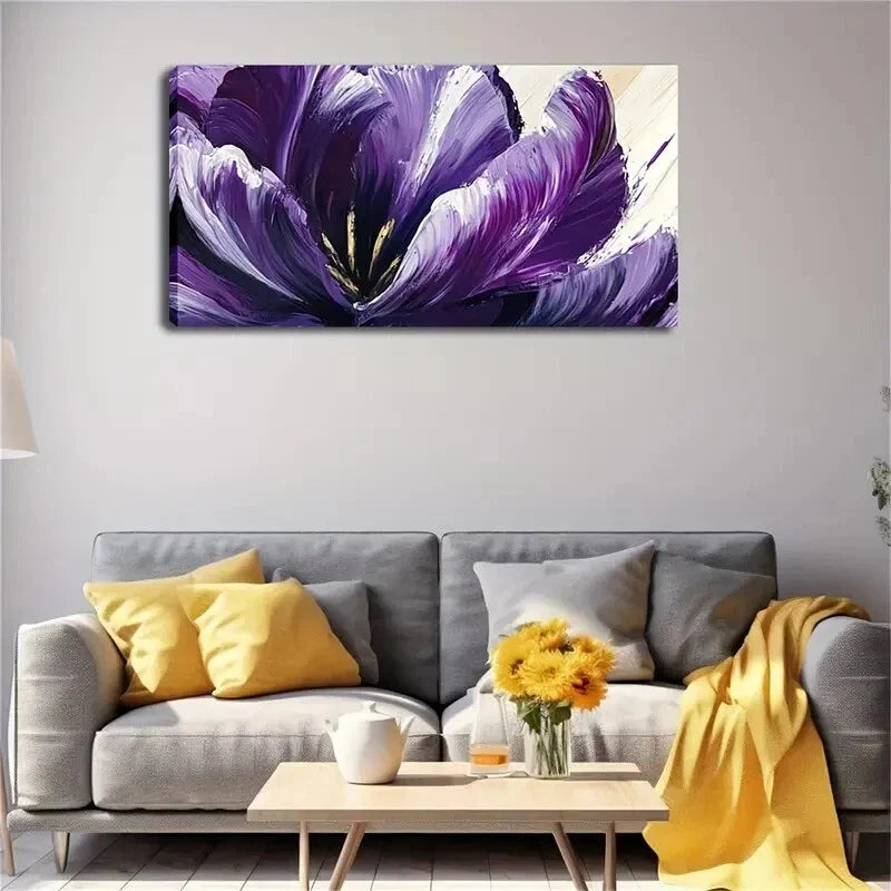 Petals of Purple Flowers Line Wall Art Canvas Office Home Room Framed 80x45cm