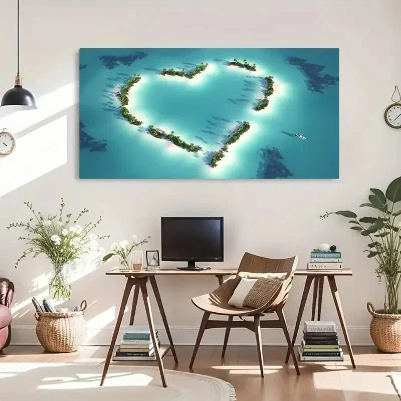Ocean Heart-Shaped Seascape Wall Art Canvas Office Home Room Framed 120x60cm
