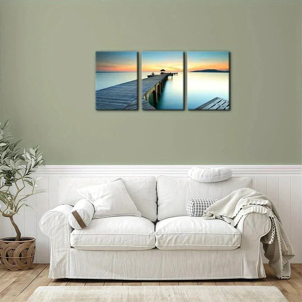 3pcs Bridges Over Sea Sunset Vibrant Orange & Blue Metal Print Ready to Hang Art