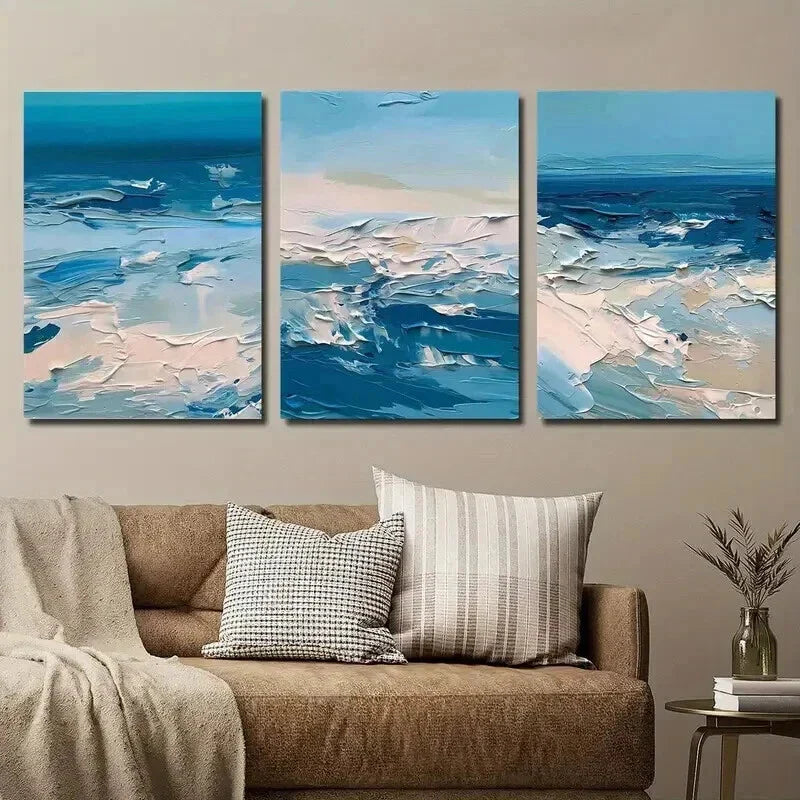 3pcs Dark Blue Abstract Seascape Wall Art Set Canvas Framed 40x60cm - High Quality Print 100% Australian Made Wall Canvas Ready to Hang