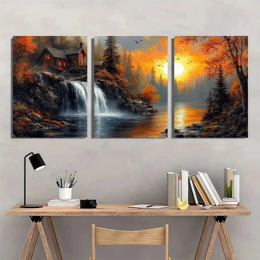 3pcs Nature Forest Scene Sun Birds and Trees Metal Print Ready to Hang Art