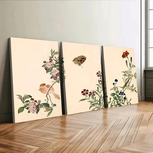 3pcs Vintage Flowers Birds Florals Green Leaves Wall Art Set Canvas Framed 40x60cm - High Quality Print 100% Australian Made Wall Canvas Ready to Hang