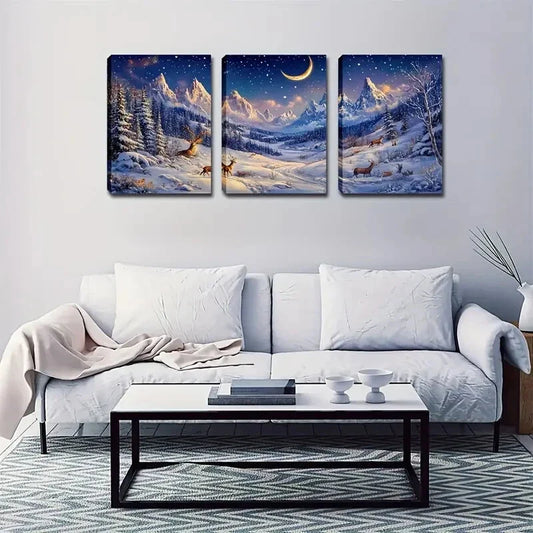 3pcs Majestic Snow ,Mountains & Starry Night Sky Wall Art Set Canvas Framed 40x60cm - High Quality Print 100% Australian Made Wall Canvas Ready to Hang