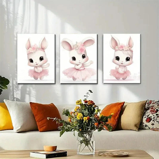 3pcs Adorable Pink Bunny Ballerina Metal Print Ready to Hang Art