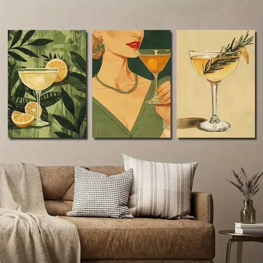 3pcs Vintage Cocktail Girl Lemon Leaves Metal Print Ready to Hang Art