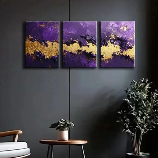 3pcs Purple and Golden Abstract Design Perfect Wall Art Set Canvas Framed 40x60cm - High Quality Print 100% Australian Made Wall Canvas Ready to Hang
