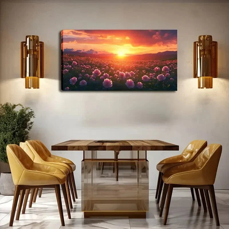 Pink Flower Field Realistic Wall Art Canvas Office Home Room Framed 120x60cm