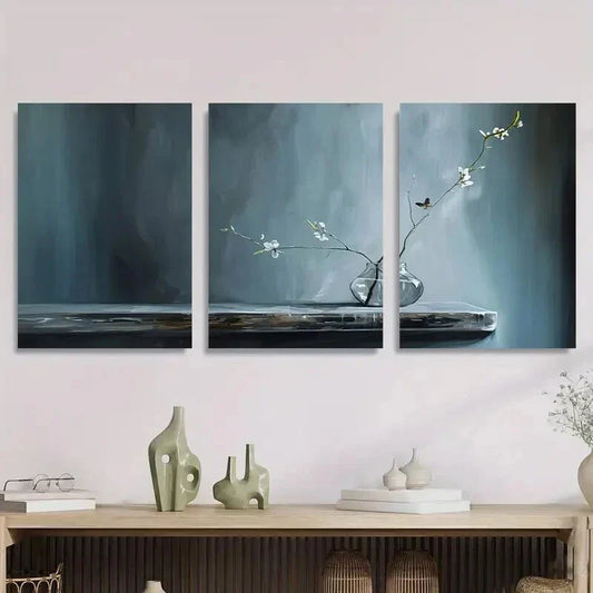 3pcs Elegant White Flower Abstract Metal Print Ready to Hang Art