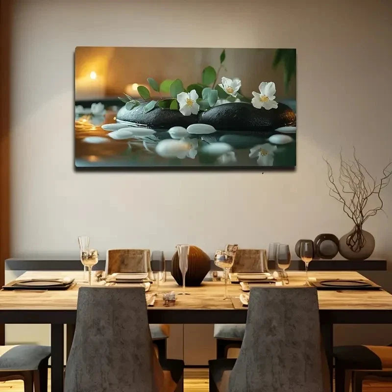 Serene White Flowers Black S Wall Art Canvas Office Home Room Framed 80x45cm