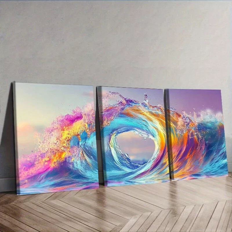 3pcs Colorful Waves In The Ocean Wall Art Set Canvas Framed 40x60cm - High Quality Print 100% Australian Made Wall Canvas Ready to Hang