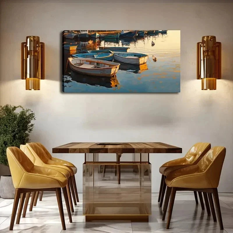 Wooden Boats & Reflections Wall Art Canvas Office Home Room Framed 120x60cm.