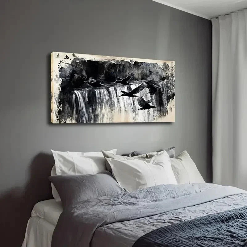Black And White Waterfall Birds Wall Art Canvas Office Home Room Framed 120x60cm
