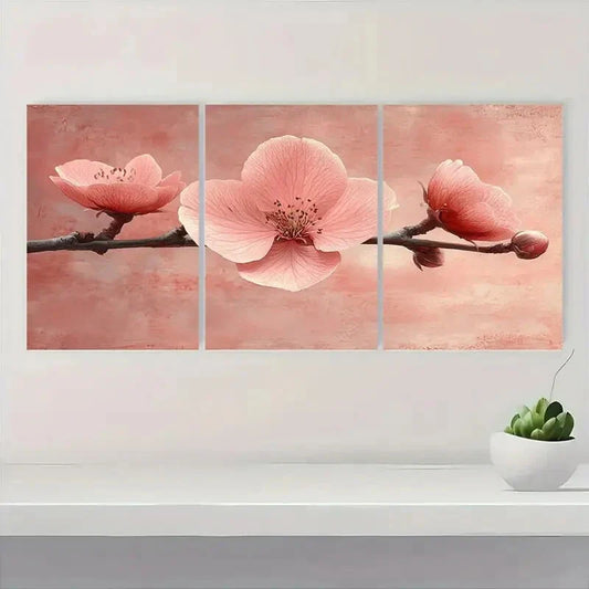 3pcs Elegant Pink Peony Minimalist Floral Metal Print Ready to Hang Art