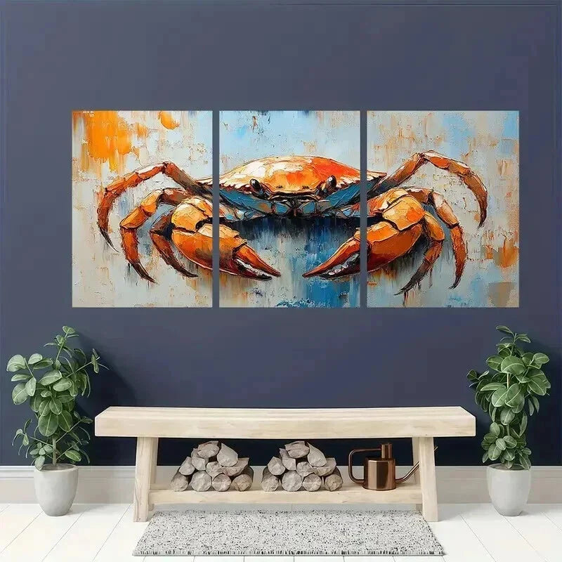 3pcs Blue & Orange Tone Crab Design Decor Wall Art Set Canvas Framed 40x60cm - High Quality Print 100% Australian Made Wall Canvas Ready to Hang