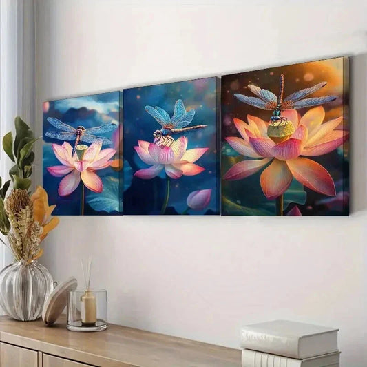 3pcs Dragonflies Resting on Lotus Flowers Wall Art Set Canvas Framed 40x60cm - High Quality Print 100% Australian Made Wall Canvas Ready to Hang
