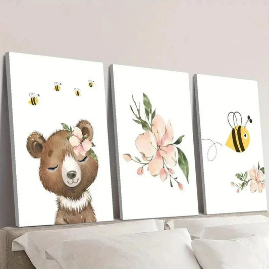 3pcs Cartoon Bee Flower And Bear Decoration Wall Art Set Canvas Framed 40x60cm - High Quality Print 100% Australian Made Wall Canvas Ready to Hang