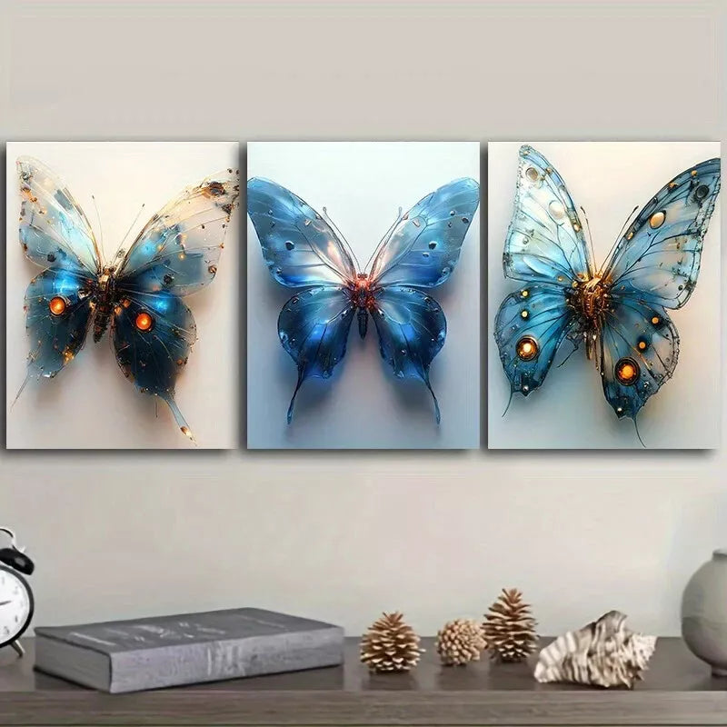 3pcs Blue Mechanical Butterfly Wall Art Set Canvas Framed 40x60cm - High Quality Print 100% Australian Made Wall Canvas Ready to Hang