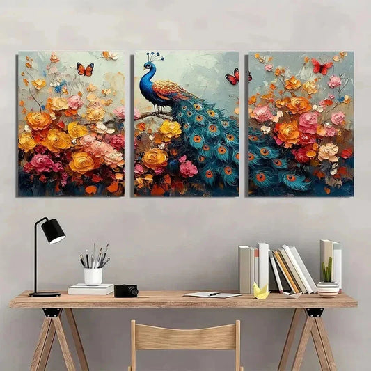 3pcs Colorful Pea Rooster Flowers & Butterflies Wall Art Set Canvas Framed 40x60cm - High Quality Print 100% Australian Made Wall Canvas Ready to Hang