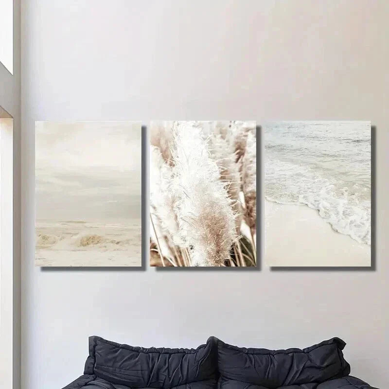3pcs Coastal Reed Botanical Landscape Wall Art Set Canvas Framed 40x60cm - High Quality Print 100% Australian Made Wall Canvas Ready to Hang