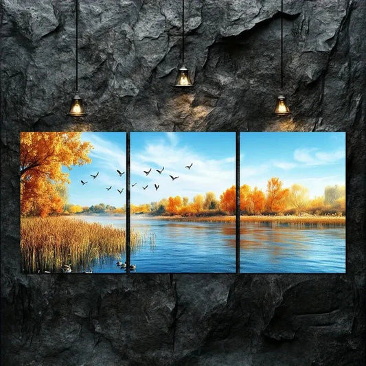 3pcs Autumn Golden Trees Lake Scene Perfect Wall Art Set Canvas Framed 40x60cm - High Quality Print 100% Australian Made Wall Canvas Ready to Hang