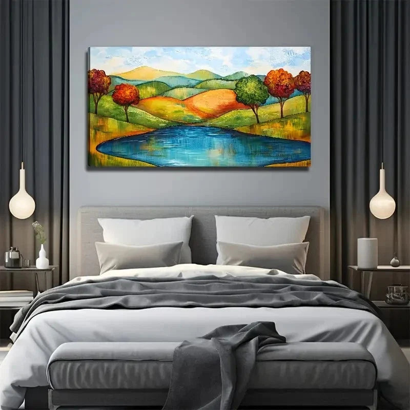 Abstract Mountain Tree And Lake Wall Art Canvas Office Home Room Framed 120x60cm