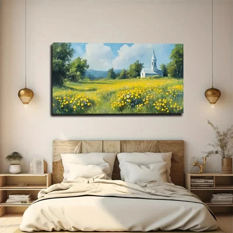 Yellow Flower Front Of Church Wall Art Canvas Office Home Room Framed 120x60cm