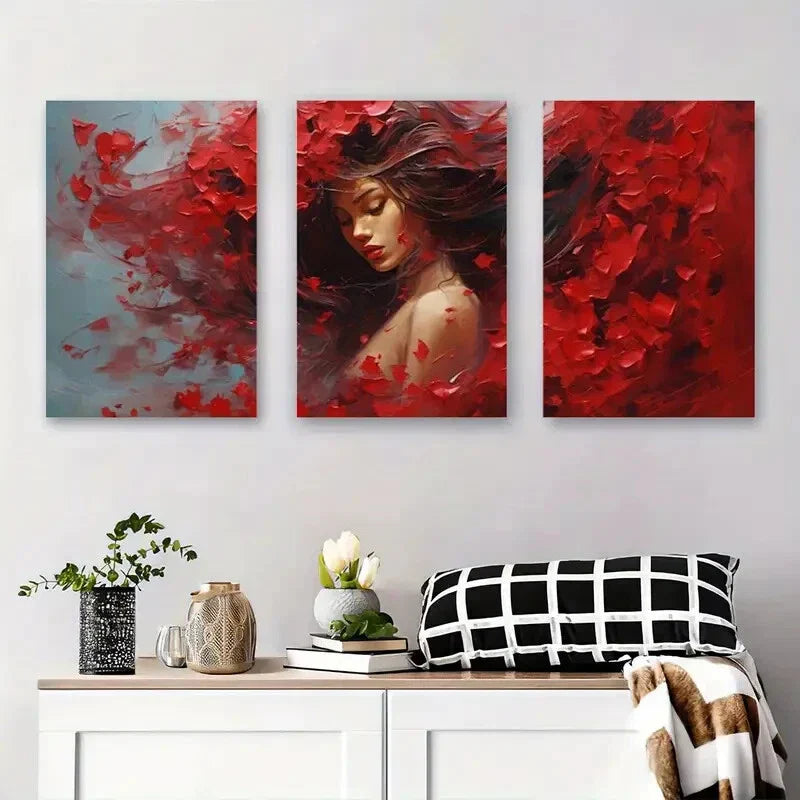 3pcs Abstract Red Flower Vibrant Modern Metal Print Ready to Hang Art