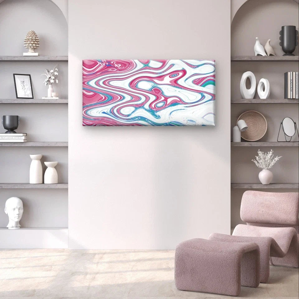 Pink and Blue Abstract Fluid Paint Wall Art Canvas Office Home Framed 120x60cm