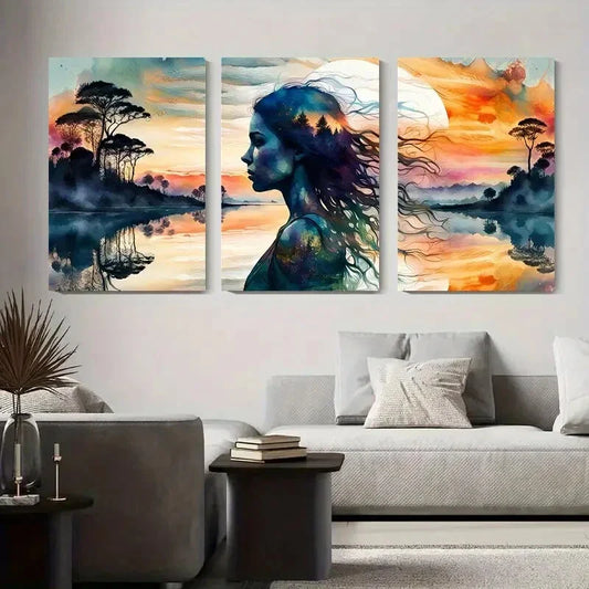 3pcs Watercolor Lake Reflection Woman Silhouette Metal Print Ready to Hang Art