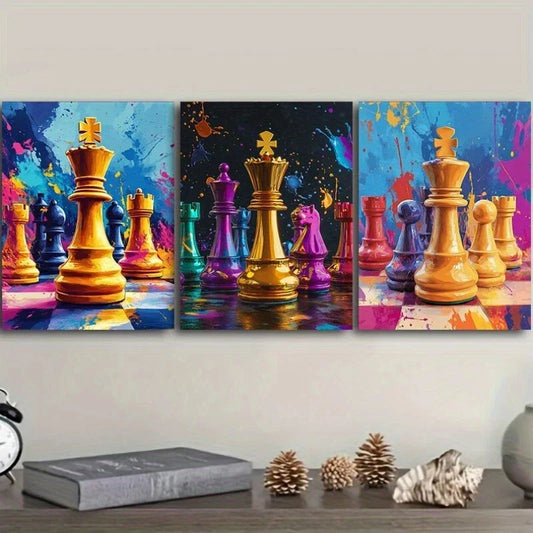 3pcs Colourful Chess Piece Measuring Featuring Metal Print Ready to Hang Art