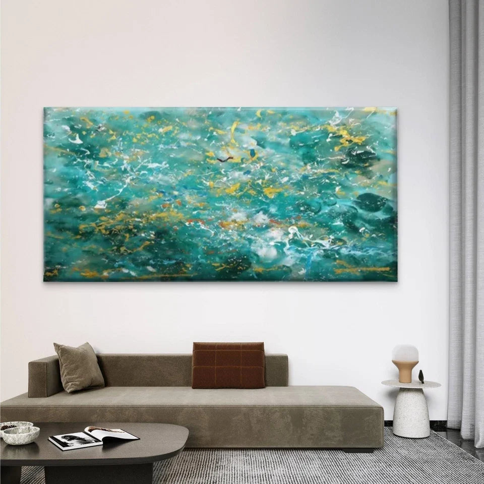 Abstract Teal Blue Green Wall Art Canvas Office Home Room Framed 120x60cm