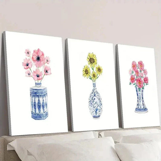 3pcs Chinese Style Blue and White Porcelain Vase Wall Art Set Canvas Framed 40x60cm - High Quality Print 100% Australian Made Wall Canvas Ready to Hang