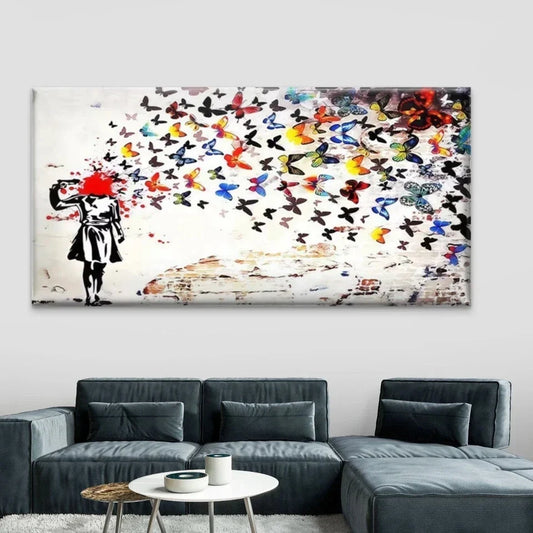 Girl with Butterflies Street Art Canvas Office Home Room Framed 80x45cm