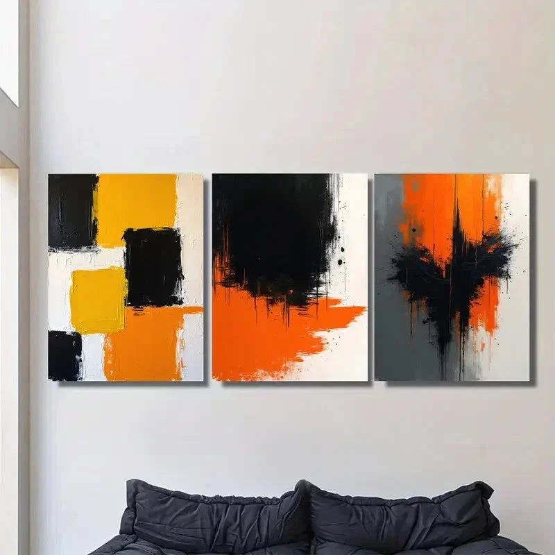 3pcs Black, Orange & Yellow Geometric Patterns Metal Print Ready to Hang Art
