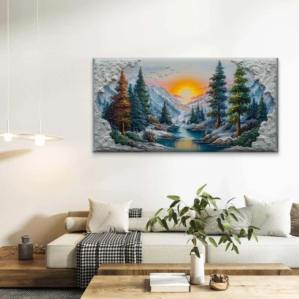 Sunset Over the Alpine River Wall Art Canvas Office Home Room Framed 120x60cm