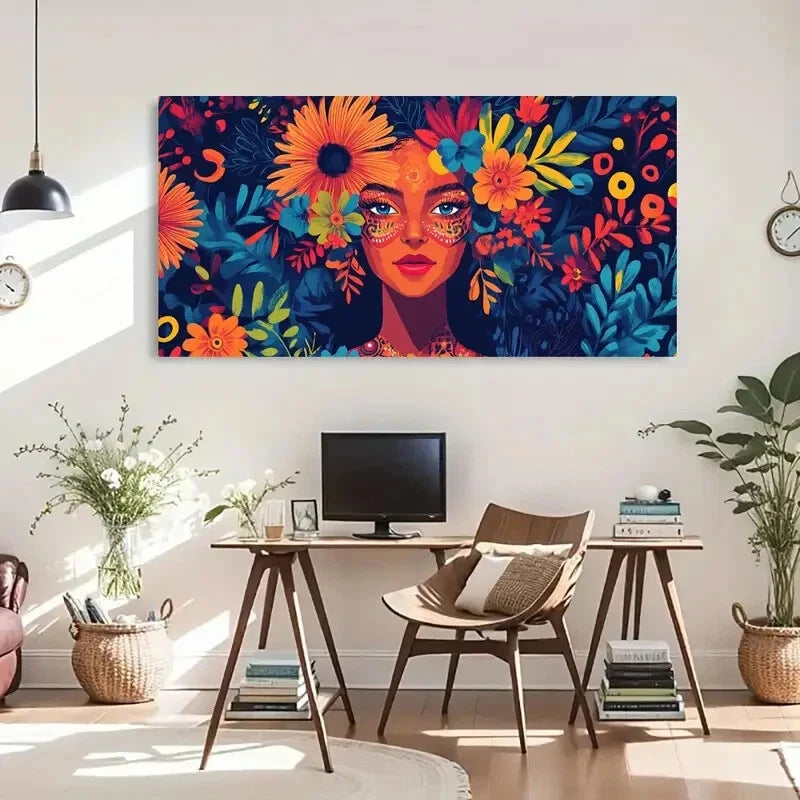 Deco Floral Girl Colorful Wall Art Canvas Office Home Room Framed 120x60cm