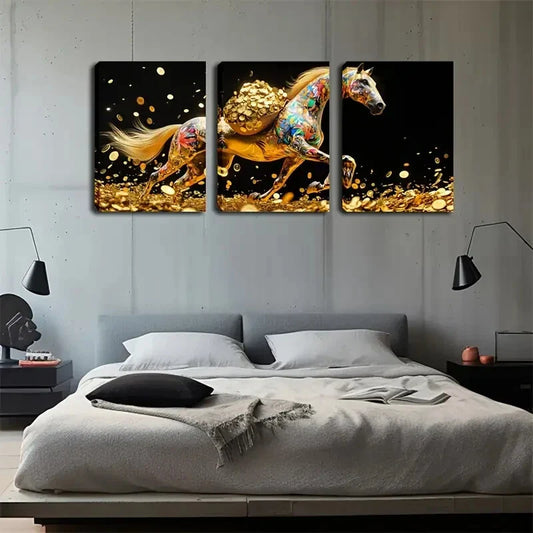 3pcs Walking Horse in Golden Coins Abstract Wall Art Set Canvas Framed 40x60cm - High Quality Print 100% Australian Made Wall Canvas Ready to Hang