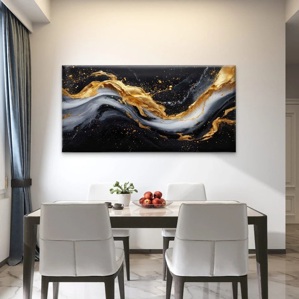 Painting Gold Black Swirl Wall Art Canvas Office Home Room Framed 80x45cm