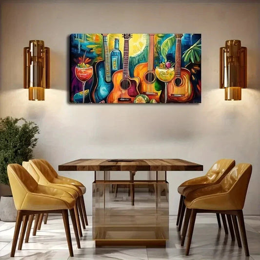 Guitars Blue Acoustic Electric Wall Art Canvas Office Home Room Framed 120x60cm